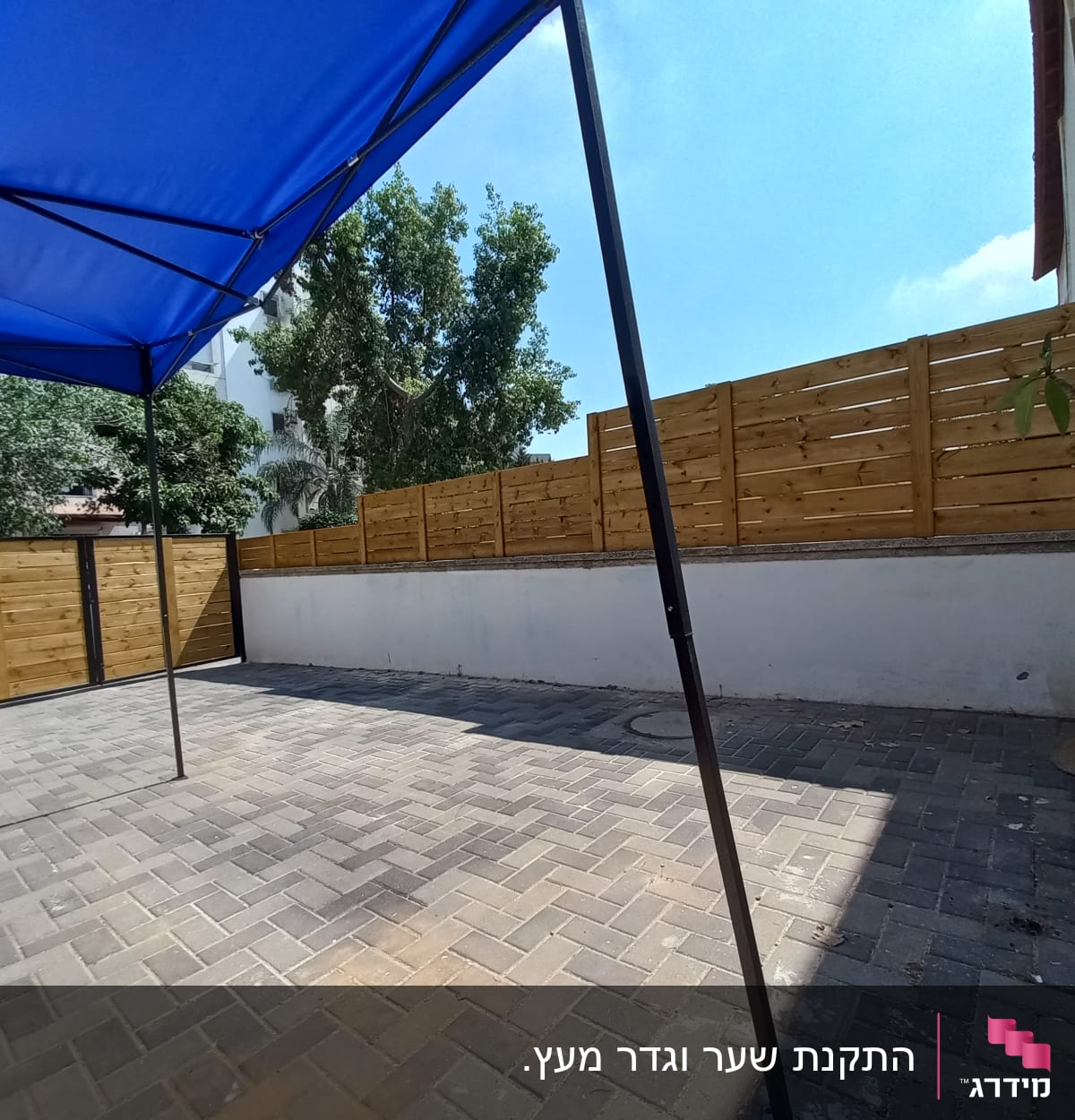 גדר עץ חומה בחצר מרוצפת עם שמשייה כחולה